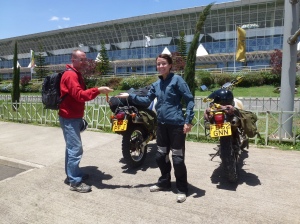 Anna's turned up at Addis airport; and it's my time to get back to London. Ceremonial handing over of the keys - first photo opportunity since Cape Town.