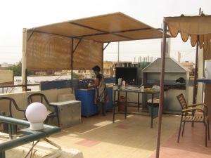 Breakfast bar and roof top view  Bougainvilla Guest House Khartoum. Early morning & hot.