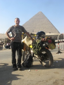 Just to show that we had actually made it through 10 countries and around 12,000 km. We never did get a picture with both of us in it either. That's the Great Pyramid of Cheops in the background. 