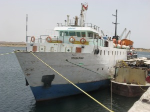 Ferry boat Sagalnaam in Aswan after crossing Lake Nasser, and looking a deal smaller than it felt when loaded. People were fast off the boat and into  trains, buses and taxis.